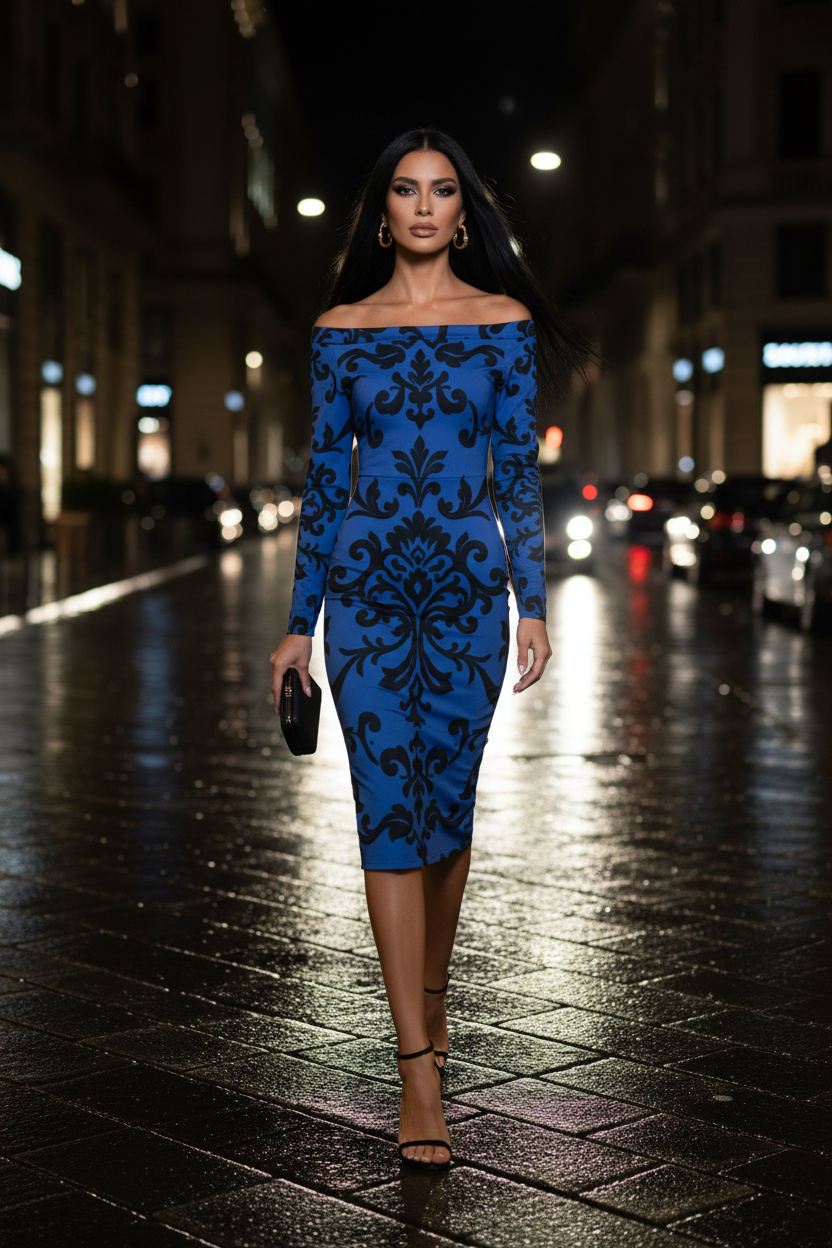 Classy Royal Blue Midi Dress With Bodycon Fit And Long Sleeves Elegant Evening Wear Outfit Stylish Evening Look