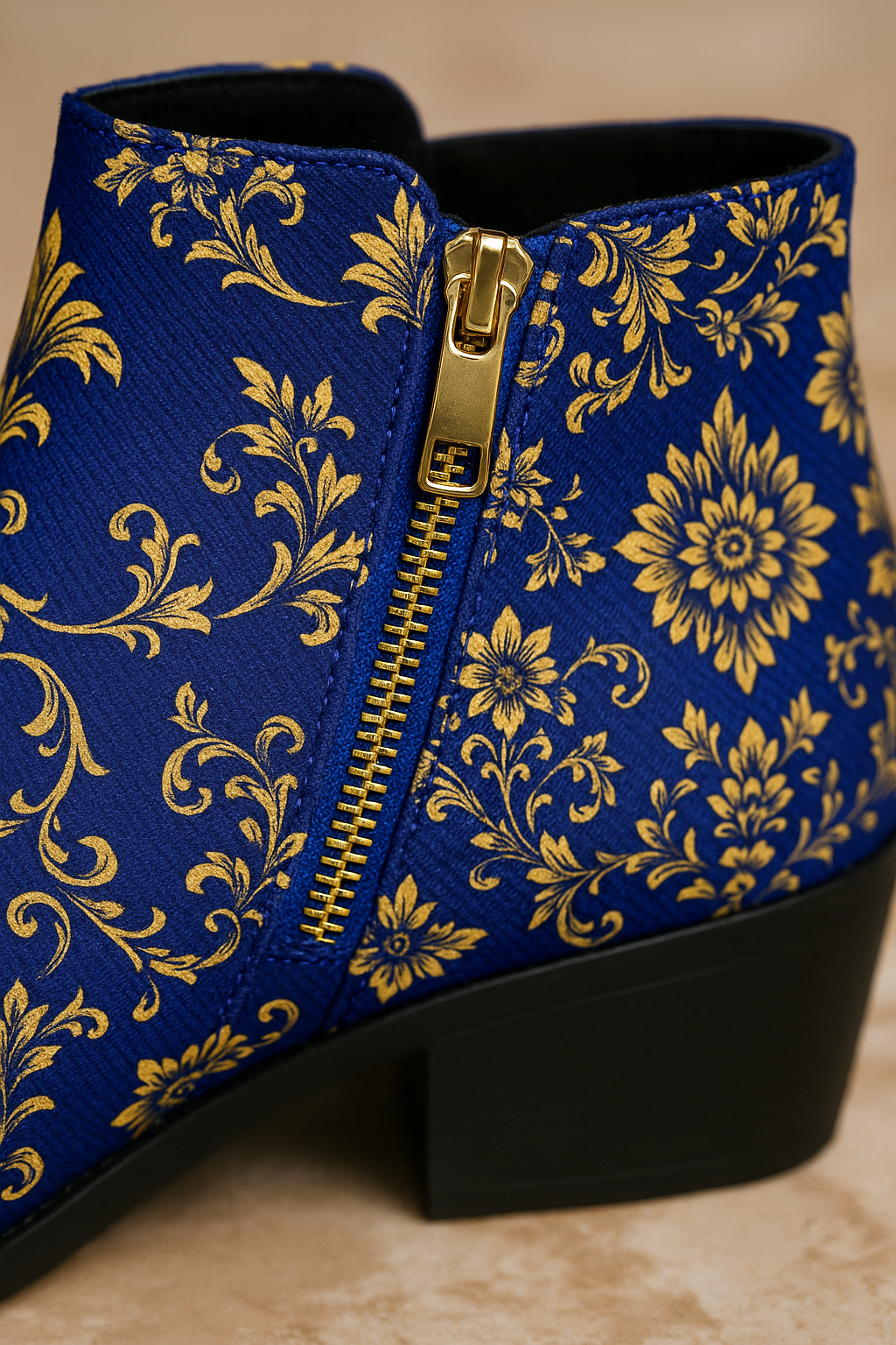Royal Blue Gold Baroque Ornamets ankle fashion boots elegant evening outfit stylish zipper