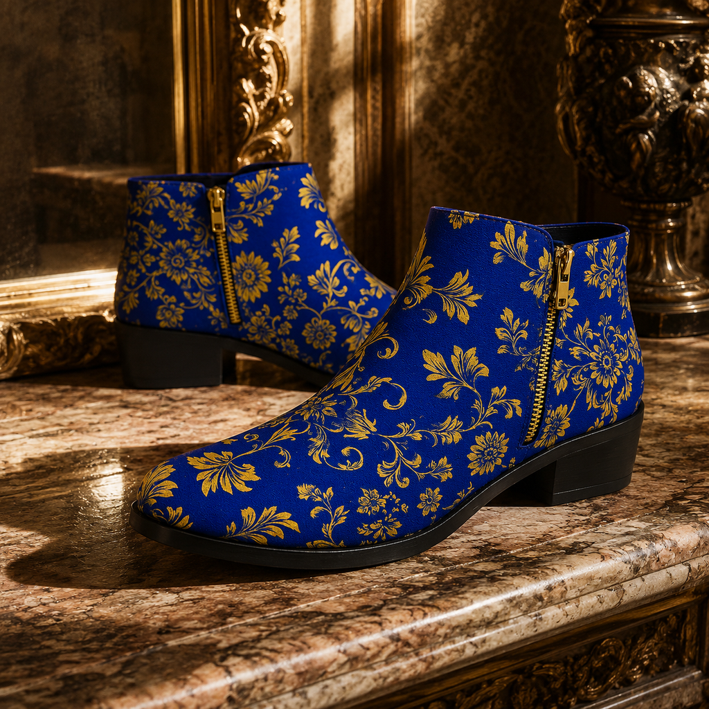 Royal Blue Gold Baroque Ornamets ankle fashion boots elegant evening outfit style