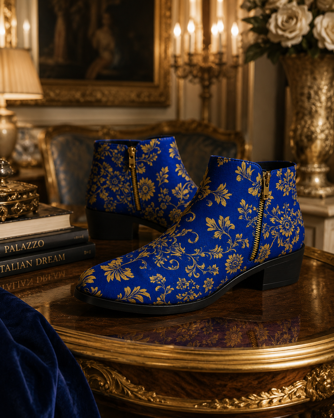 Royal Blue Gold Baroque Ornamets ankle fashion boots elegant evening outfit shoes
