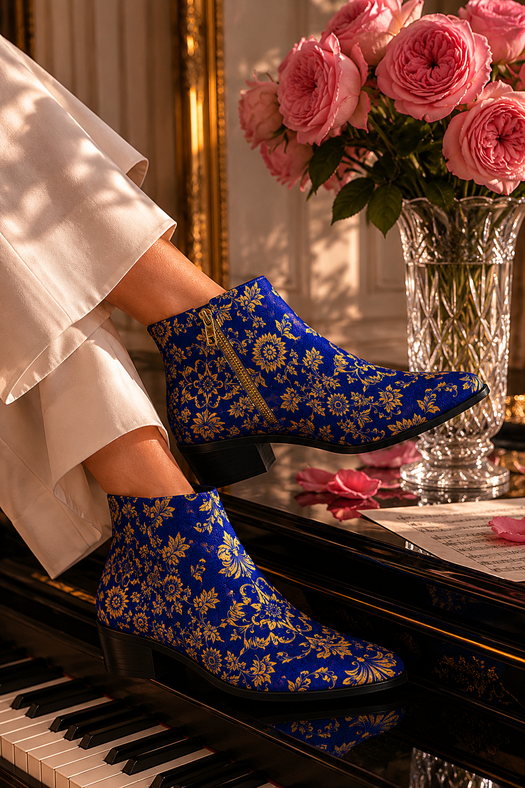 Royal Blue Gold Baroque Ornamets ankle fashion boots with elegant evening outfit style
