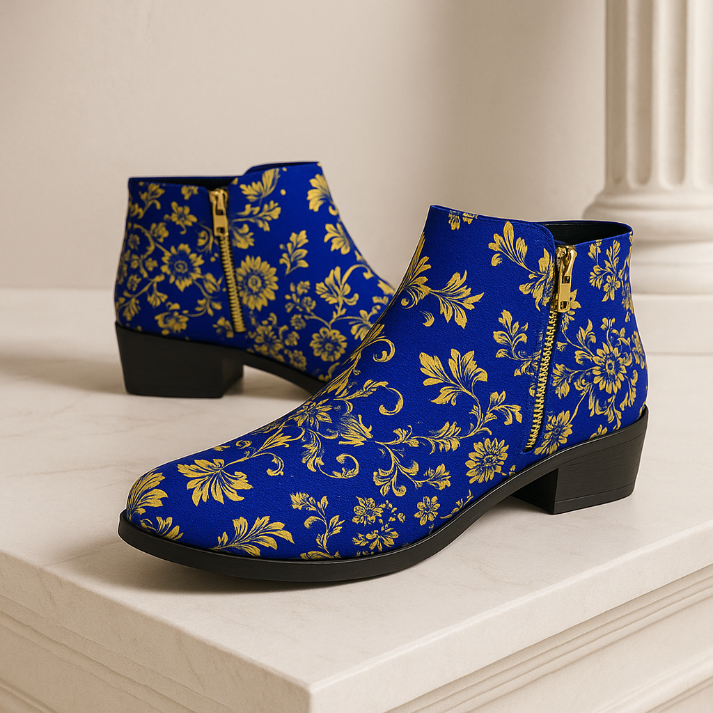Royal Blue Gold Baroque Ornamets ankle fashion boots elegant evening outfit stylish