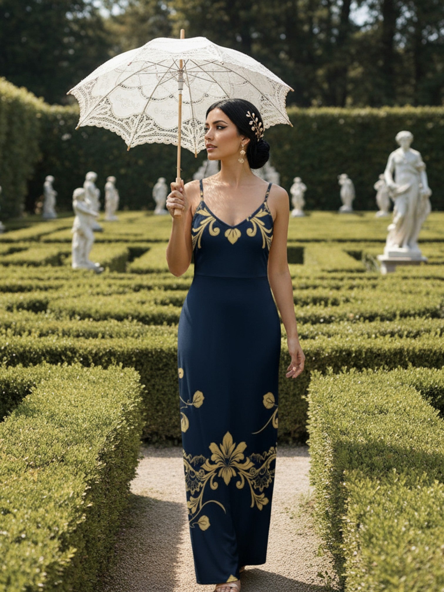 Woman wearing royal blue maxi dress for women with gold floral designs holding a white lace parasol in garden