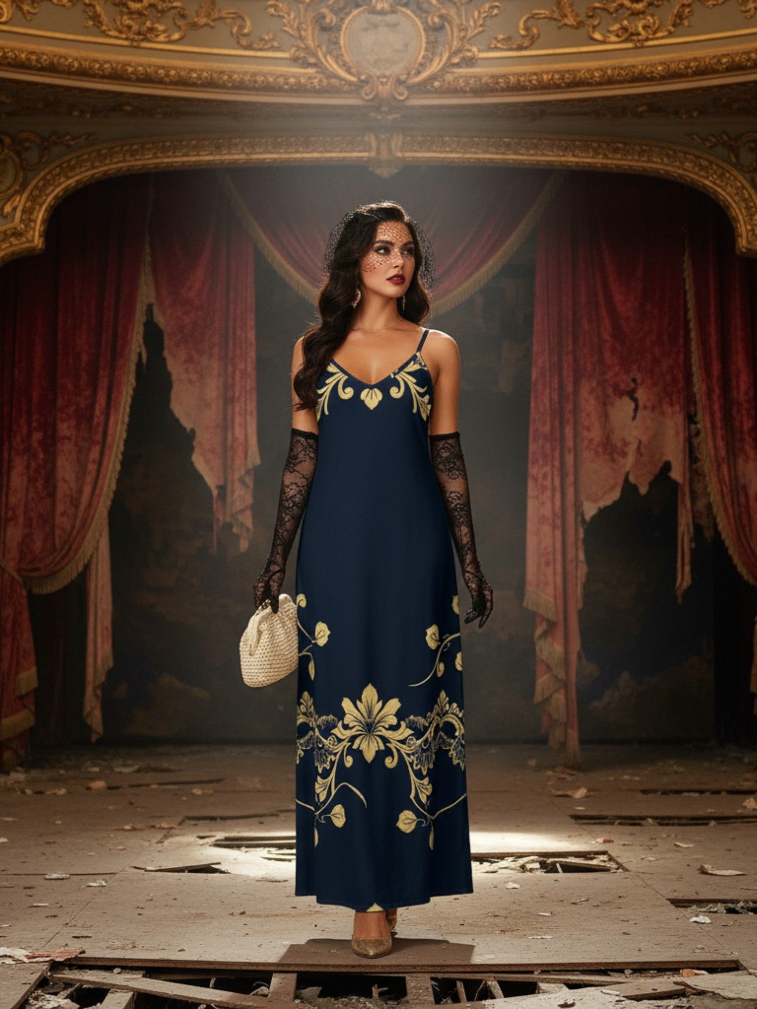 Close-up of V-neckline and straps on royal blue women’s maxi dress