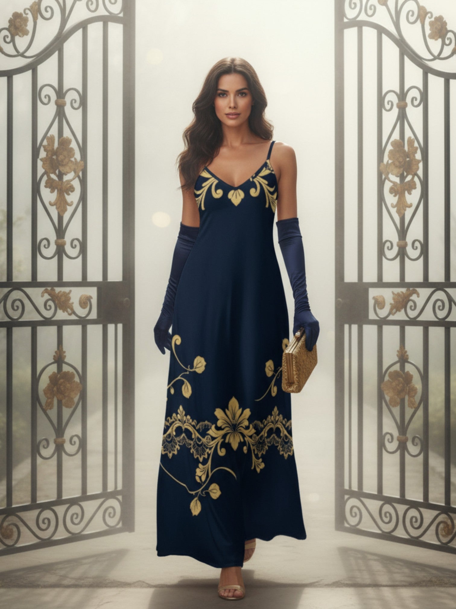 Royal blue maxi dress for women with gold floral embroidery and spaghetti straps from Angelic Blessings Shop