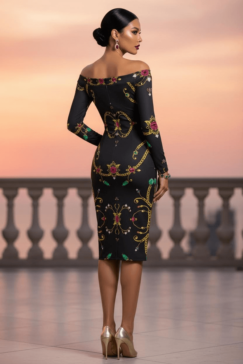 Black off-shoulder bodycon midi dress with colorful chain and jewel print silhouette Rubino Sovrano- plus size statement midi dress