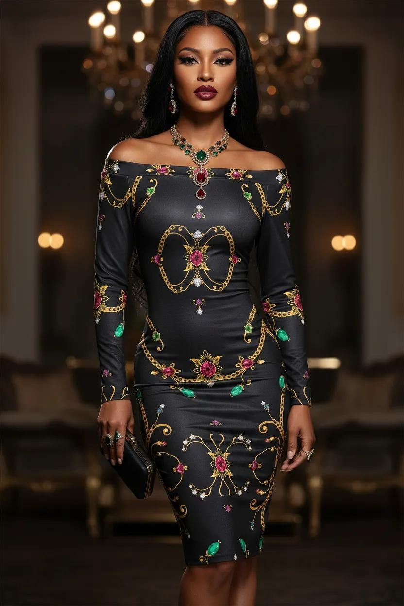 Black off-shoulder bodycon midi dress with gold chain and jewel print in Rubino Sovrano- plus size statement midi dress