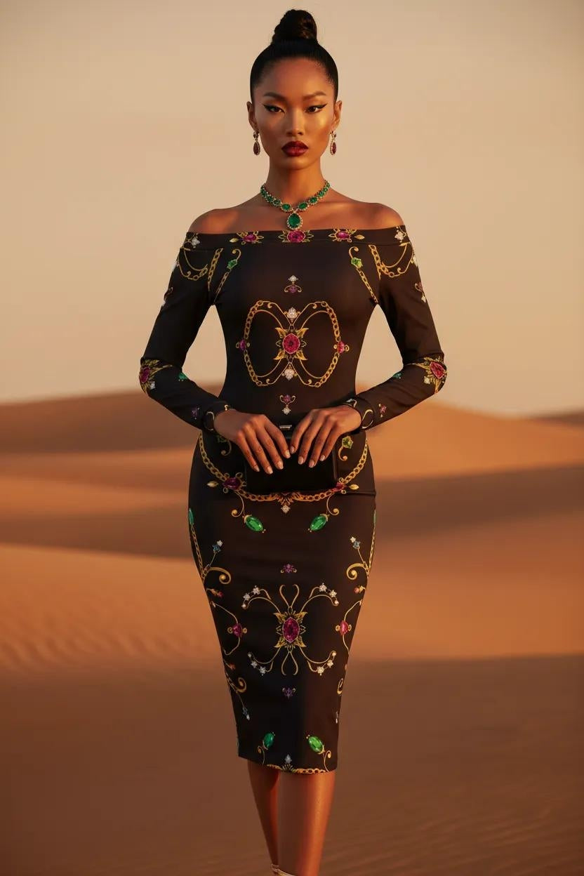 Black off-shoulder midi dress with colorful jewel patterns and fitted silhouette Rubino Sovrano plus size statement midi dress