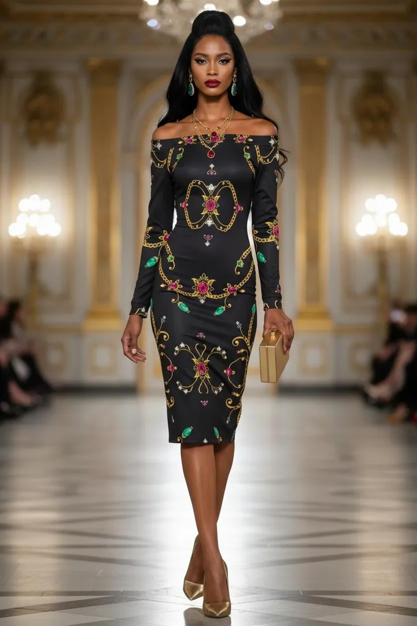 Black Rubino Sovrano plus size statement midi dress with colorful baroque print and off-shoulder neckline