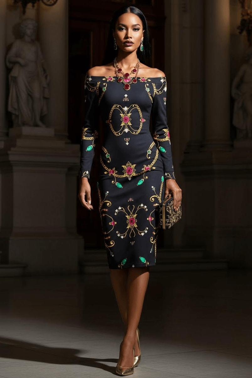 Black Rubino Sovrano- plus size statement midi dress with colorful baroque print and off-shoulder neckline