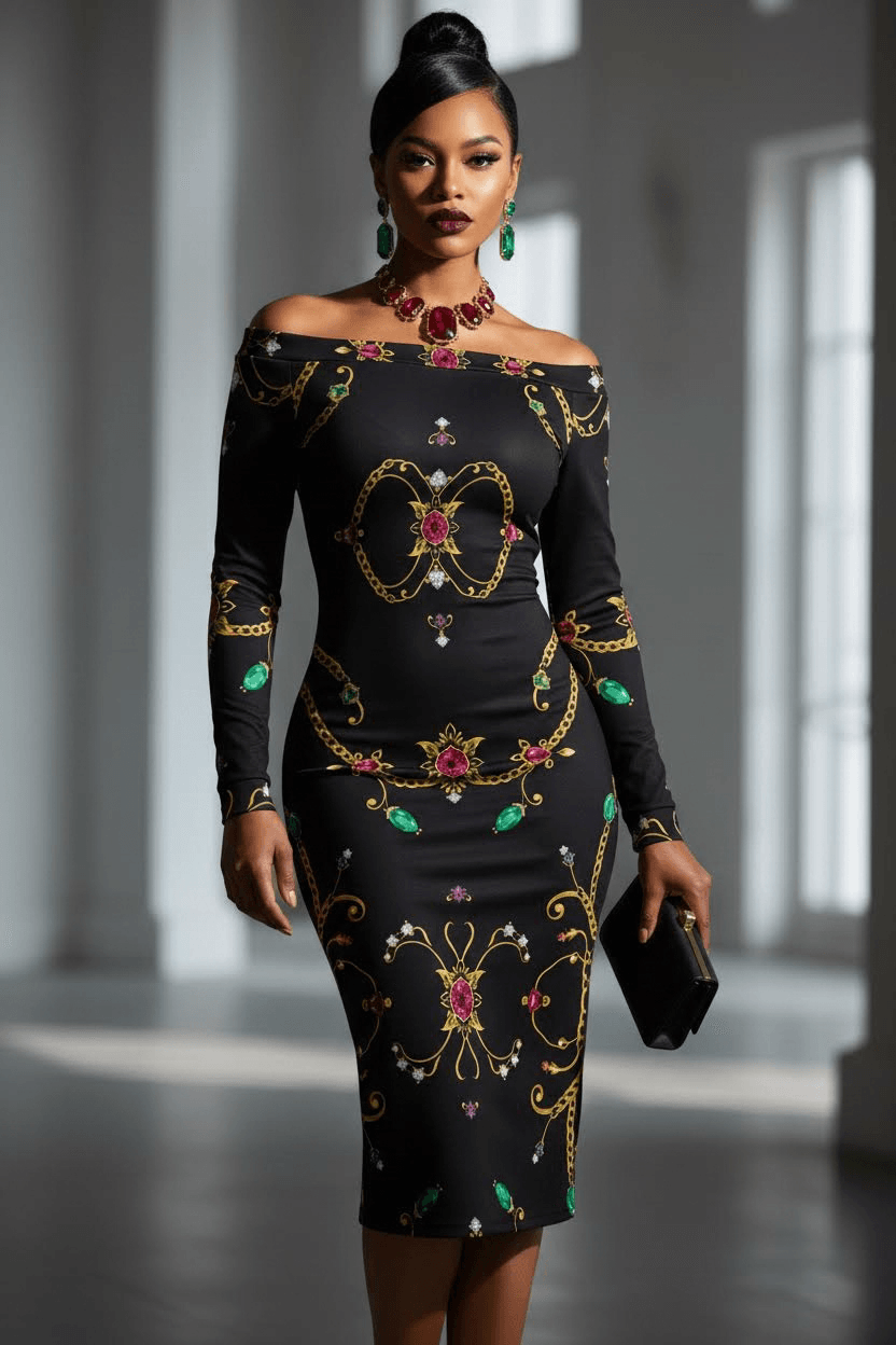 Black off-shoulder midi dress with gold and jewel print, fitted silhouette Rubino Sovrano- plus size statement midi dress