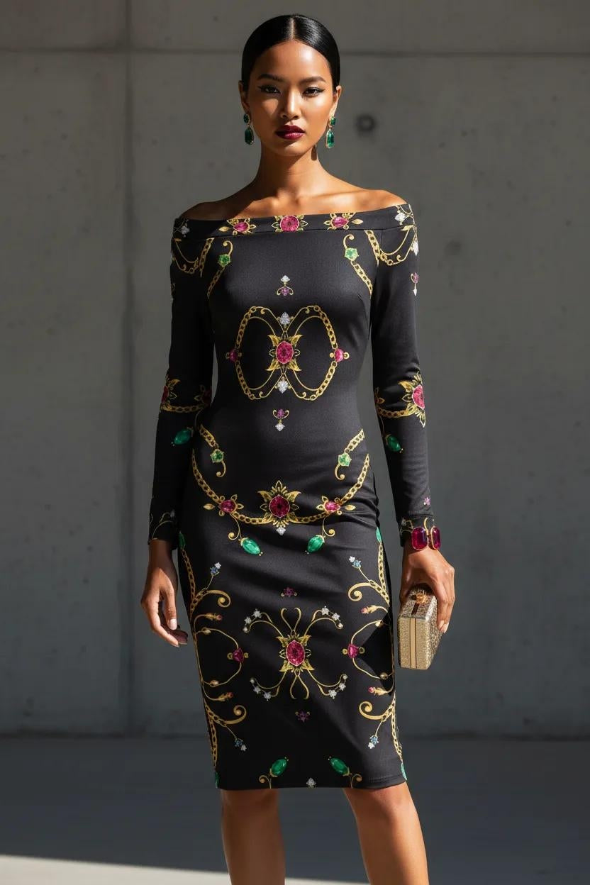 Black off-shoulder midi dress with ornate gold and jewel pattern Rubino Sovrano- plus size statement midi dress