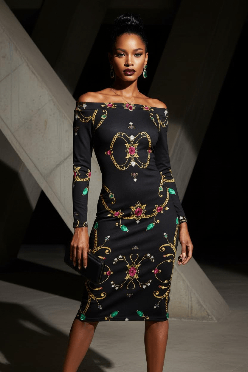 Black off-shoulder midi dress with gold chain and jewel print silhouette Rubino Sovrano- plus size statement midi dress