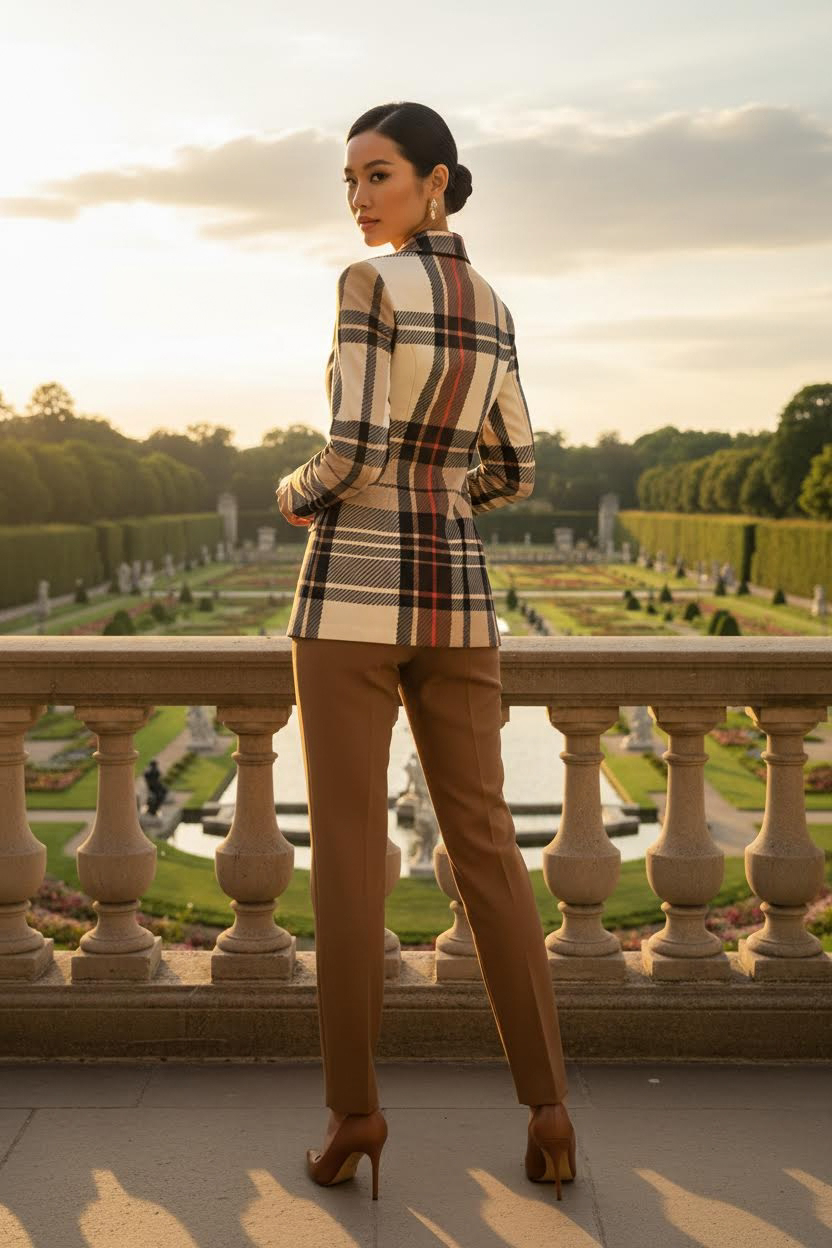  Brown tartan blazer outfit women minimalist classy style elegant evening look