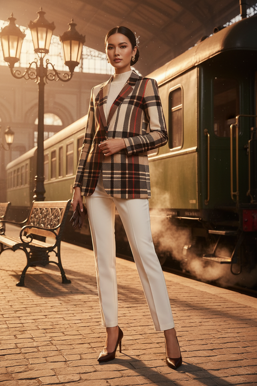 Saddle Brown tartan blazer women minimalist classy style elegant evening look