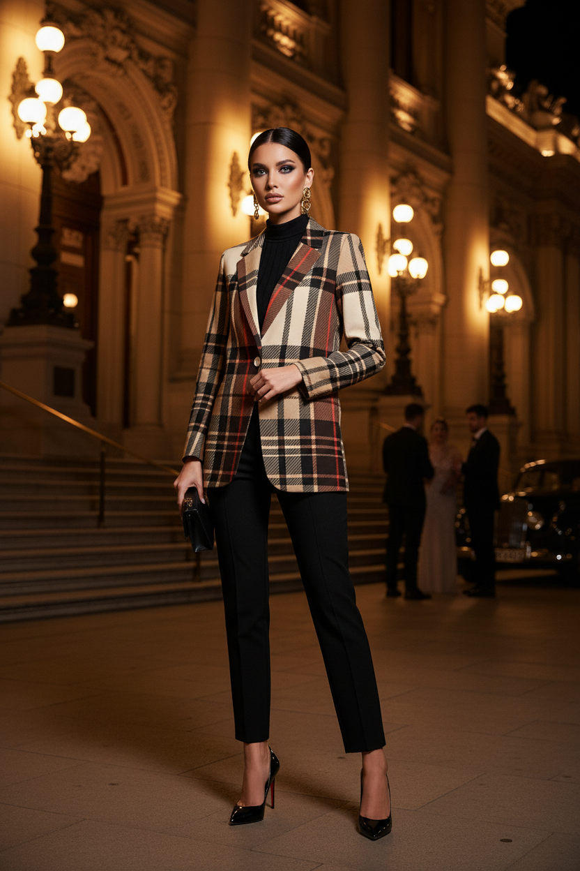 Saddle Brown tartan blazer outfit women minimalist classy style elegant evening wear