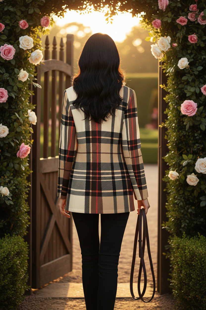 Woman wearing saddle brown tartan suit for women standing in floral archway at sunset