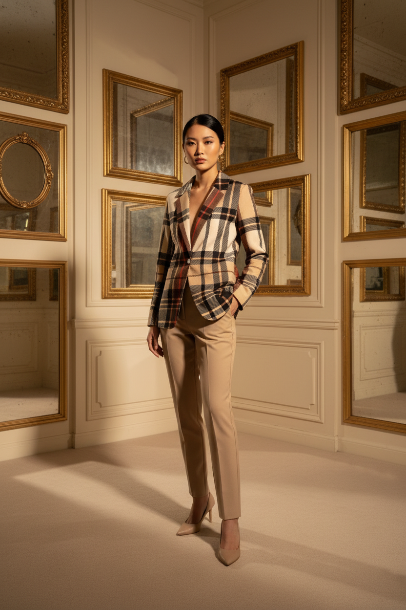 Woman wearing saddle brown tartan suit for women with blazer and beige pants in elegant room