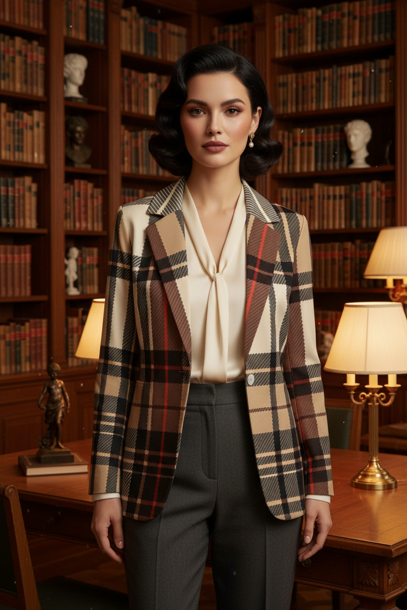 Woman wearing a saddle brown tartan suit for women blazer with plaid pattern in a classic library setting