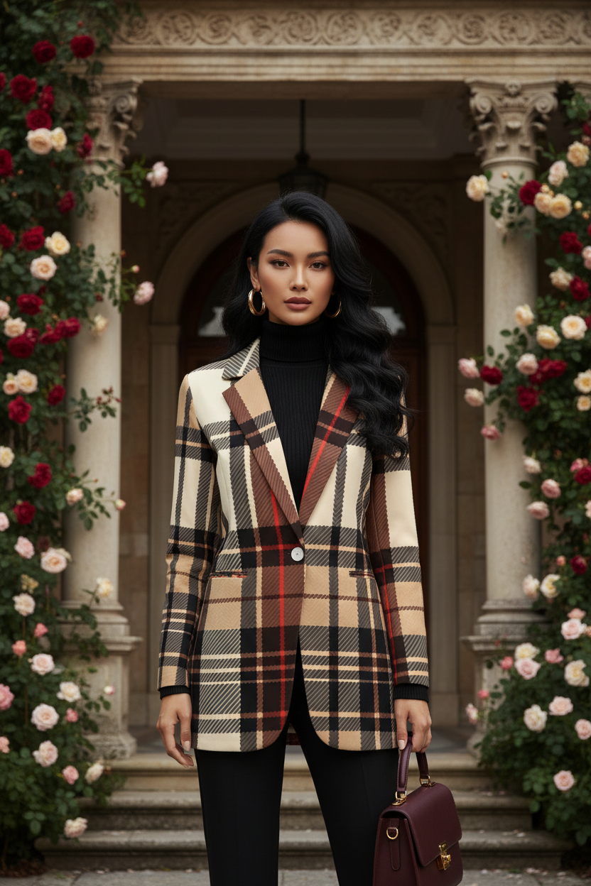 Women wearing saddle brown tartan suit for women blazer from Angelic Blessings Shop with long sleeves and button closure