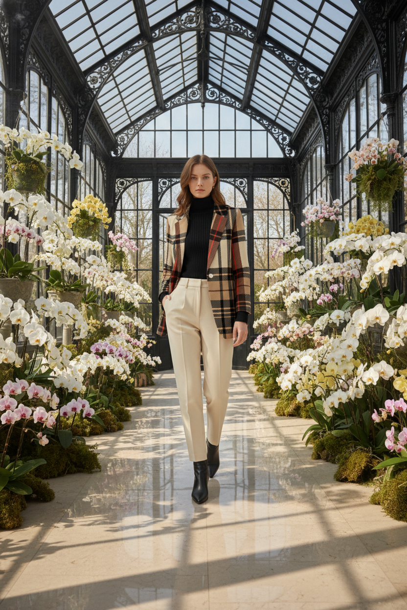Woman wearing saddle brown tartan suit for women jacket and cream pants walking in glass conservatory with orchids