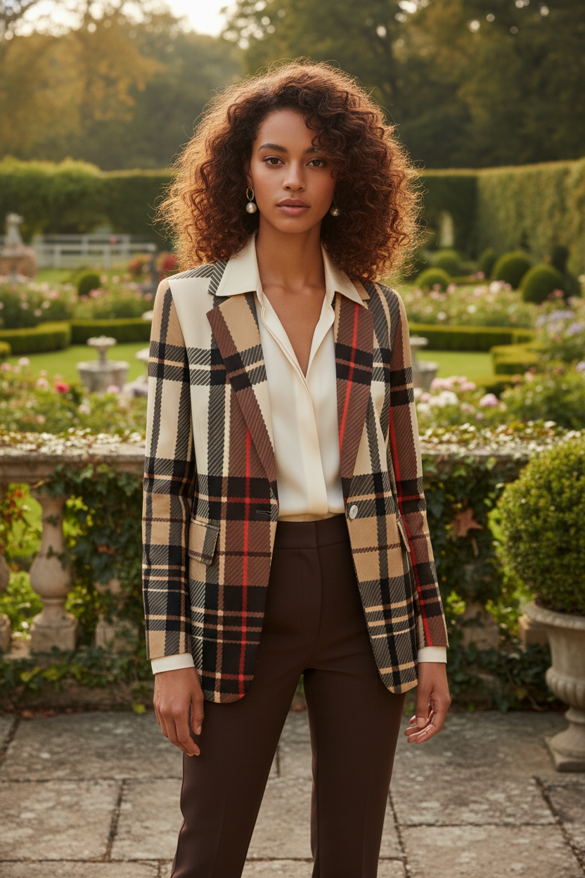 Woman wearing a saddle brown tartan suit for women jacket with white blouse in a garden