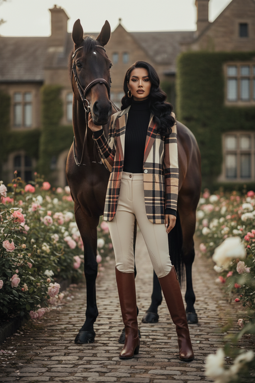 Woman wearing saddle brown tartan suit for women standing next to a horse in garden