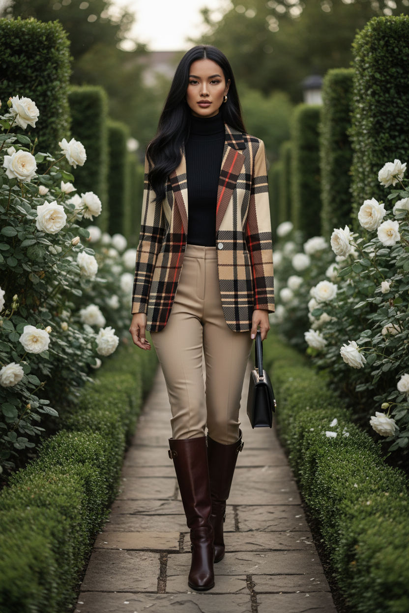 Woman wearing saddle brown tartan suit for women blazer with beige pants and brown boots walking outdoors