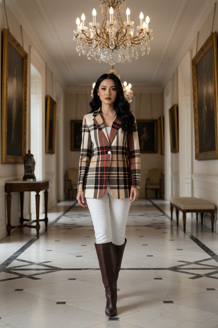 Woman wearing saddle brown tartan suit for women styled with white pants and brown boots indoors