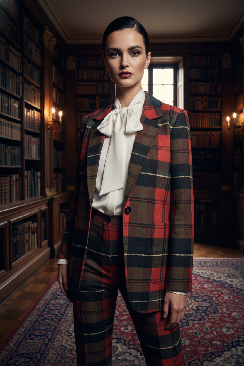 Scottish heritage-inspired red tartan blazer for women, timeless plaid pattern.