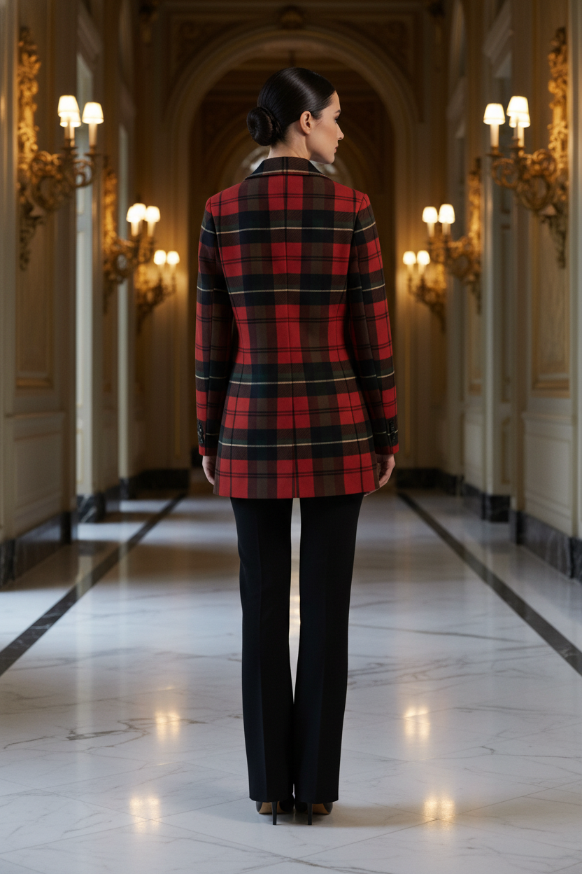 Women’s outfit idea featuring a Scottish tartan blazer layered over neutral basics.