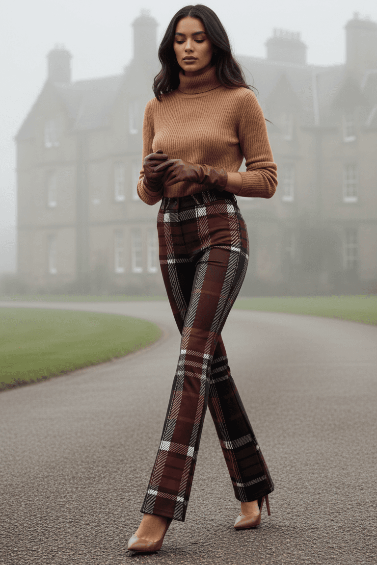 Scottish tartan flare pants women elegant high waist fit