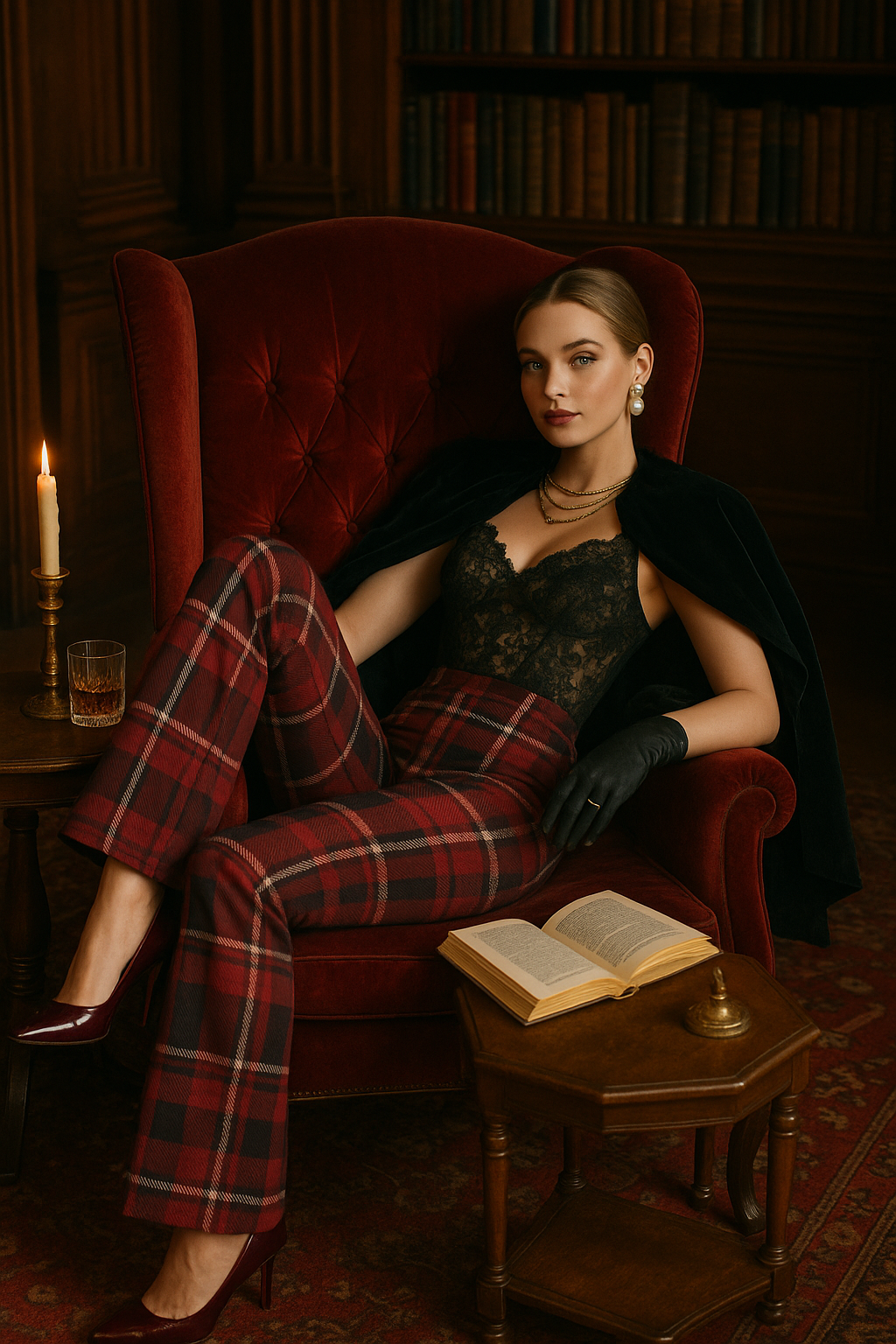 Woman wearing Scottish tartan high waist pants sitting in a red armchair in a vintage library
