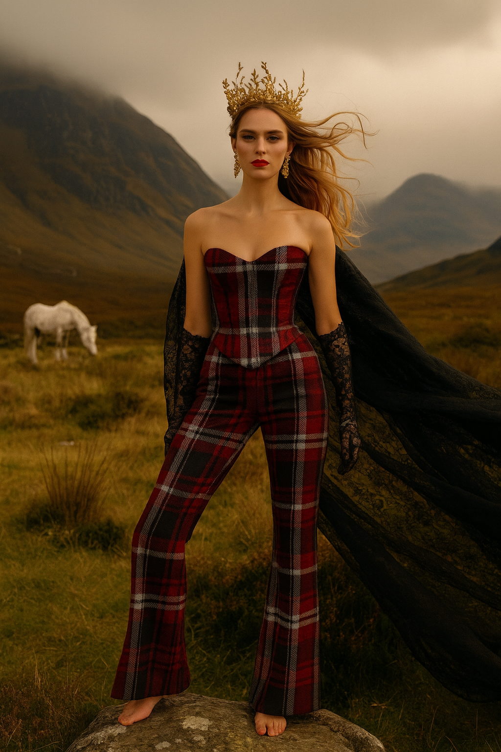 Model wearing Scottish tartan high waist pants with matching corset and black lace gloves in outdoor scenic landscape