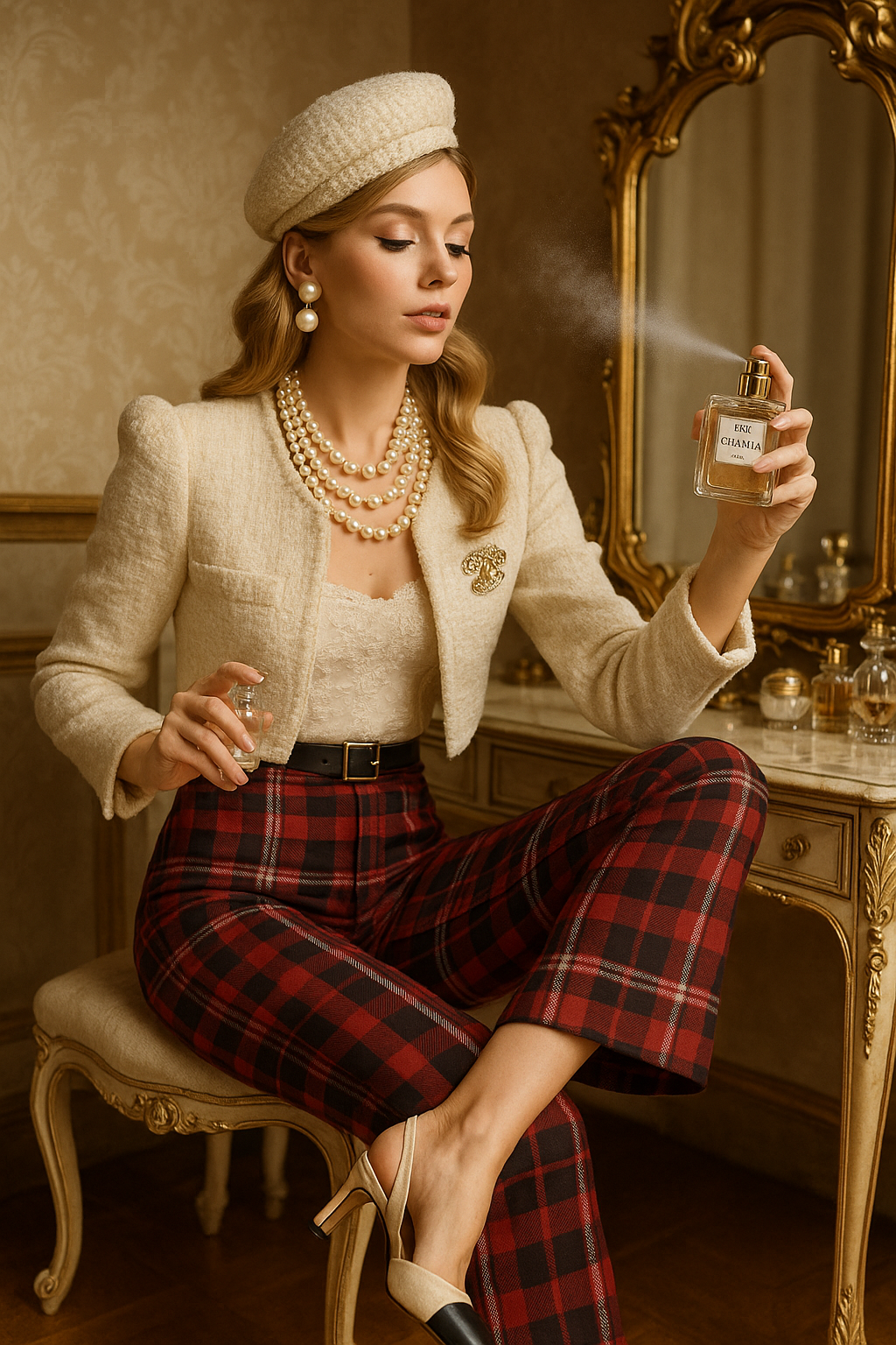 Woman wearing Scottish tartan high waist pants paired with a cream jacket and pearl accessories