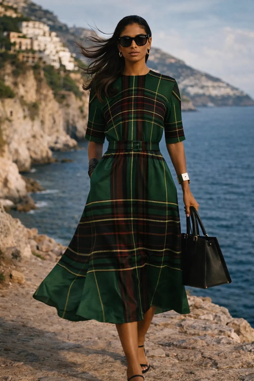 Scottish heritage tartan midi dress with short sleeves and refined silhouette.