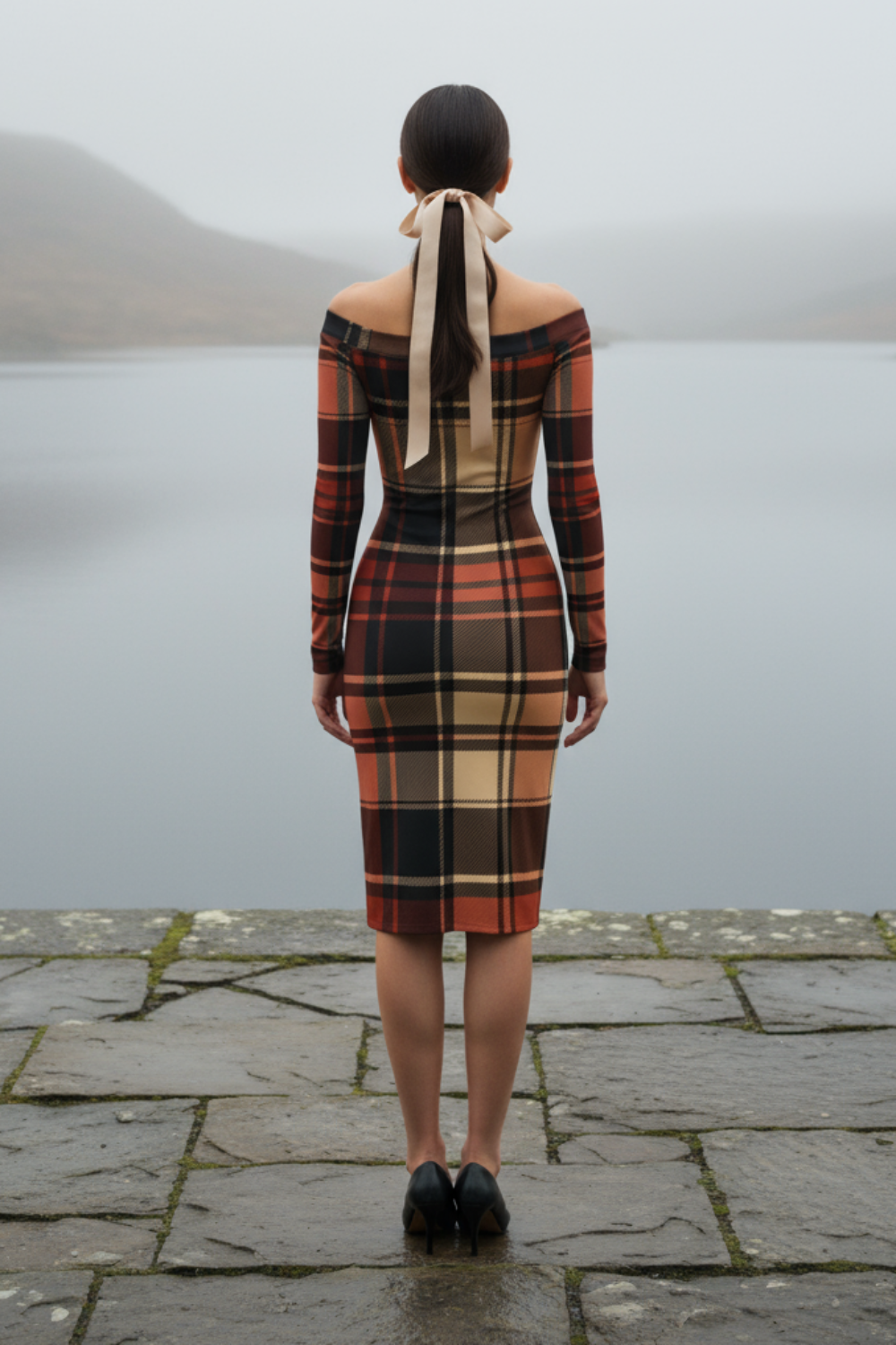 Woman wearing a Scottish tartan off shoulder dress by Angelic Blessings Shop standing outdoors near lake