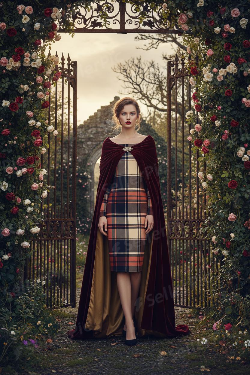 Scottish tartan off shoulder dress worn with a dark velvet cape in a floral garden setting