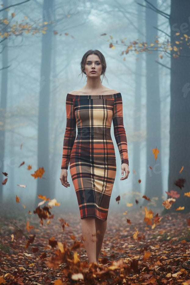 Scottish tartan off shoulder dress with long sleeves in orange and black plaid pattern