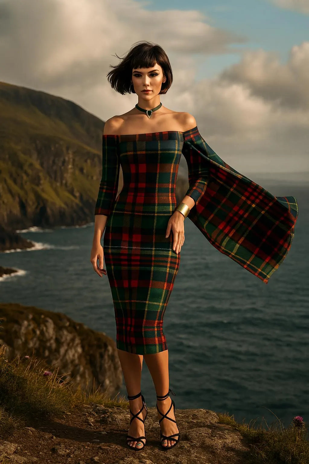 Luxury POD Scottish tartan off-shoulder dress with fitted silhouette and dramatic sleeve by the seaside cliff