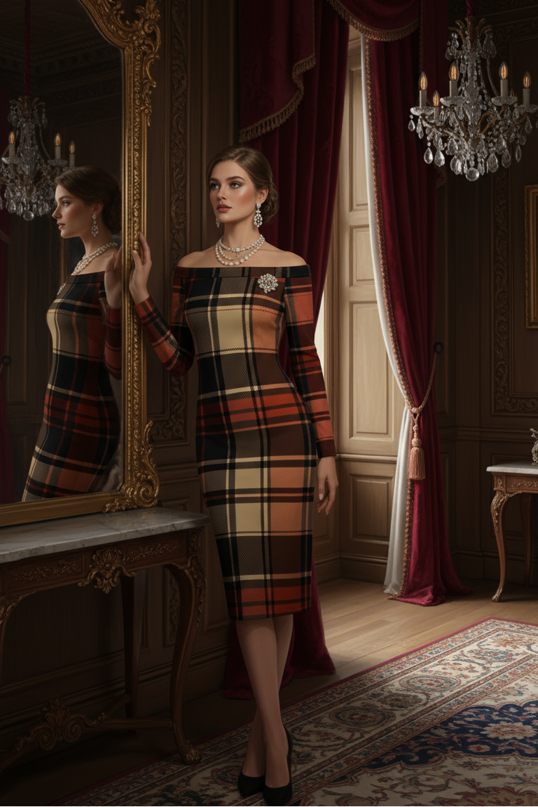 Model wearing a Scottish tartan off shoulder dress in warm tones inside an elegant room with vintage decor