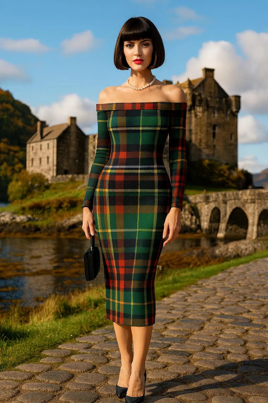 Woman wearing a luxury Scottish tartan off-shoulder dress standing by a historic stone bridge and castle
