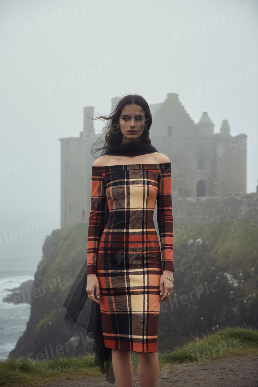 Woman wearing Scottish tartan off shoulder dress standing near a coastal castle landscape
