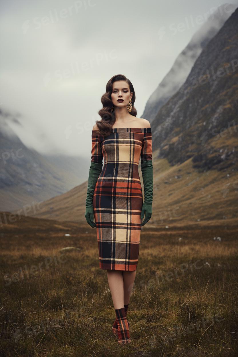 Angelic Blessings Shop Scottish tartan off shoulder dress in autumn colors worn outdoors in a scenic mountain valley