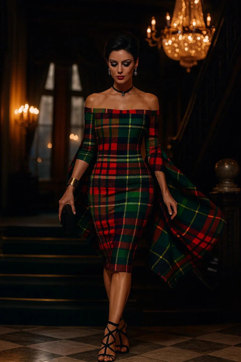 Elegant luxury Scottish tartan off-shoulder dress with fitted silhouette and three-quarter sleeves
