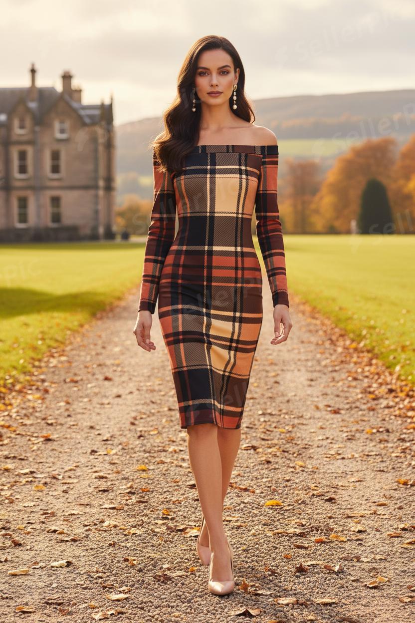 Angelic Blessings Shop Scottish tartan off shoulder dress worn by model walking outdoors near a historic building