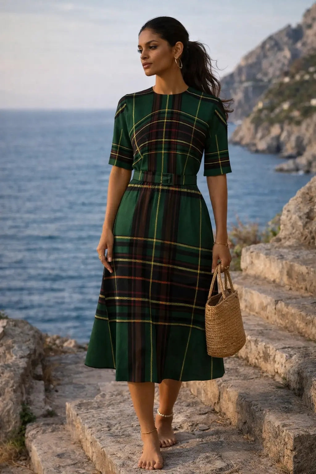 Short sleeve tartan midi dress showing flattering fit and elastic waistband.
