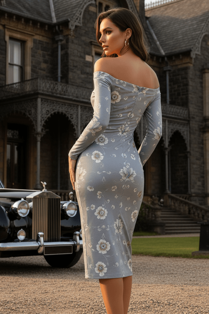 Angelic Blessings Shop silver baroque off shoulder midi dress with floral pattern worn outdoors