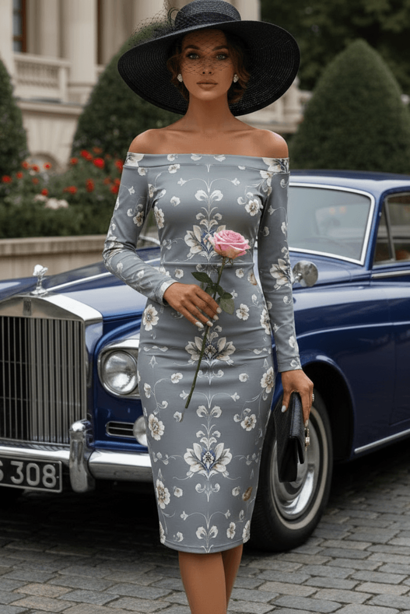 Angelic Blessings Shop silver baroque off shoulder midi dress worn by model holding a pink rose in front of vintage car