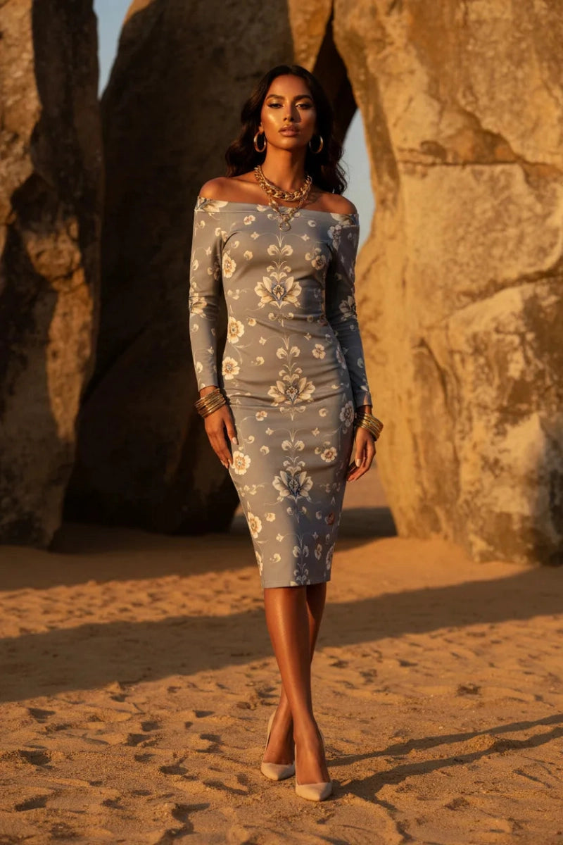 Silver evening midi dress women formal occasion style